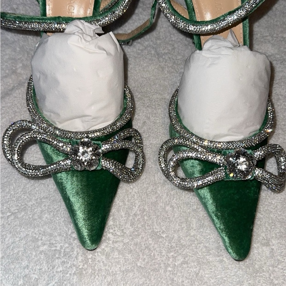 New MACH & MACH Green and Silver Heels with Crystal Bows